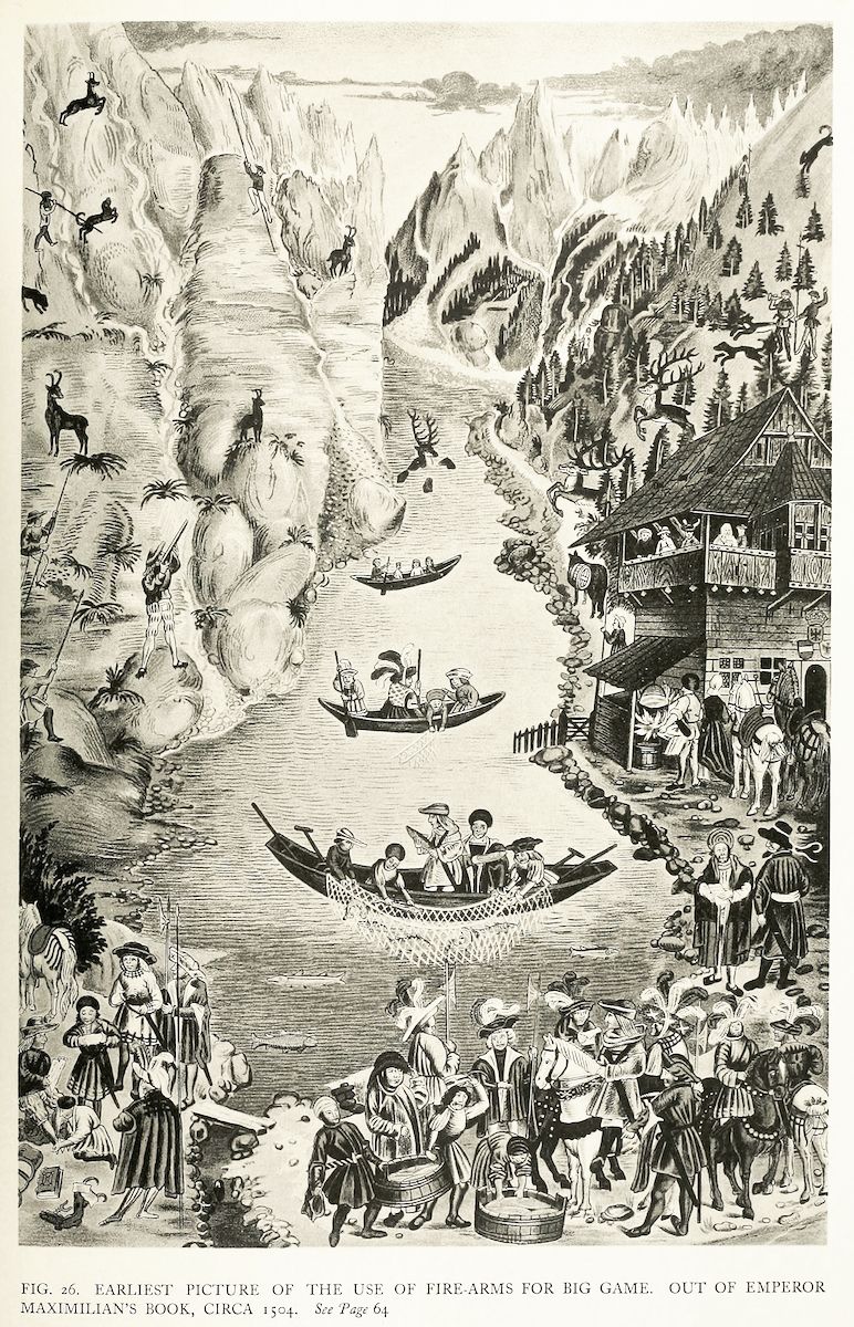 A detailed black and white illustration from Emperor Maximilian's book, circa 1504, depicting an early hunting scene with the use of firearms.