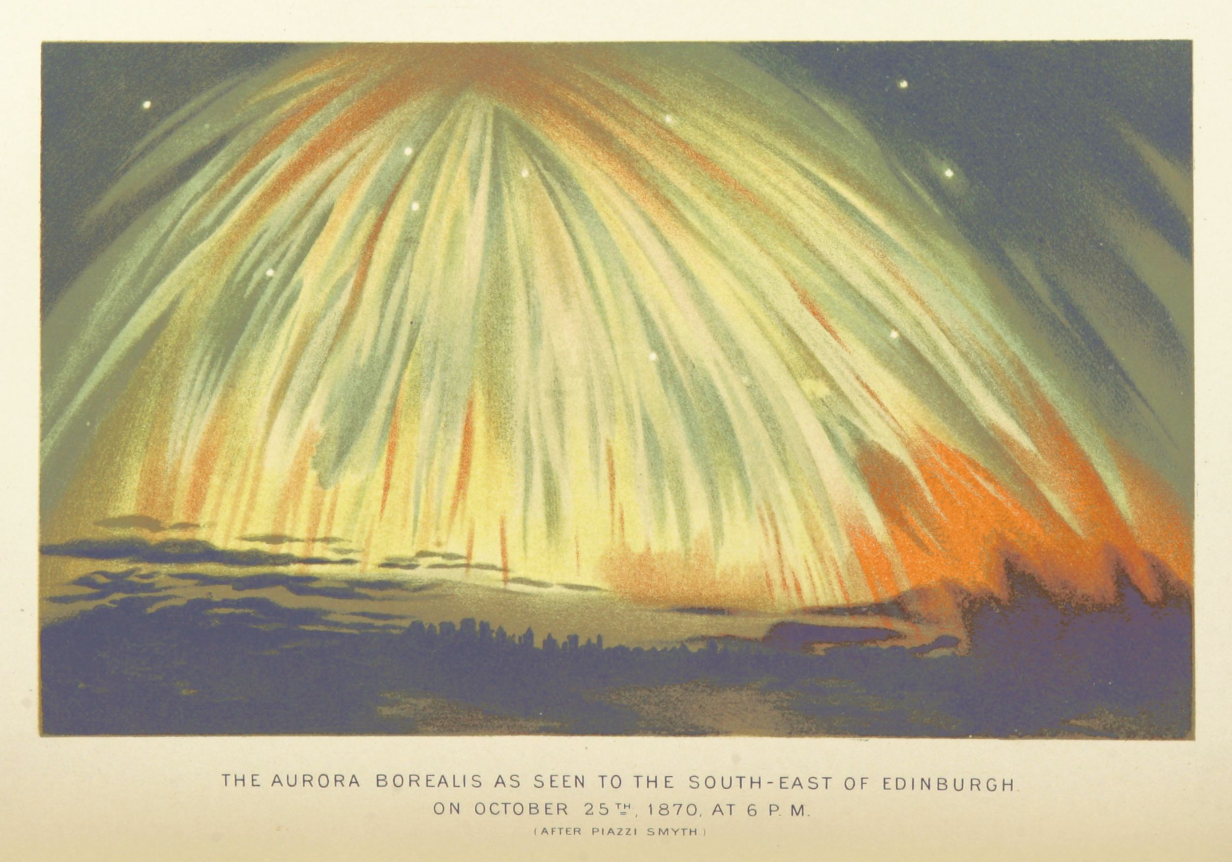 A vintage lithograph depicting the Aurora Borealis as seen to the south-east of Edinburgh on October 25th, 1870, at 6 p.m.