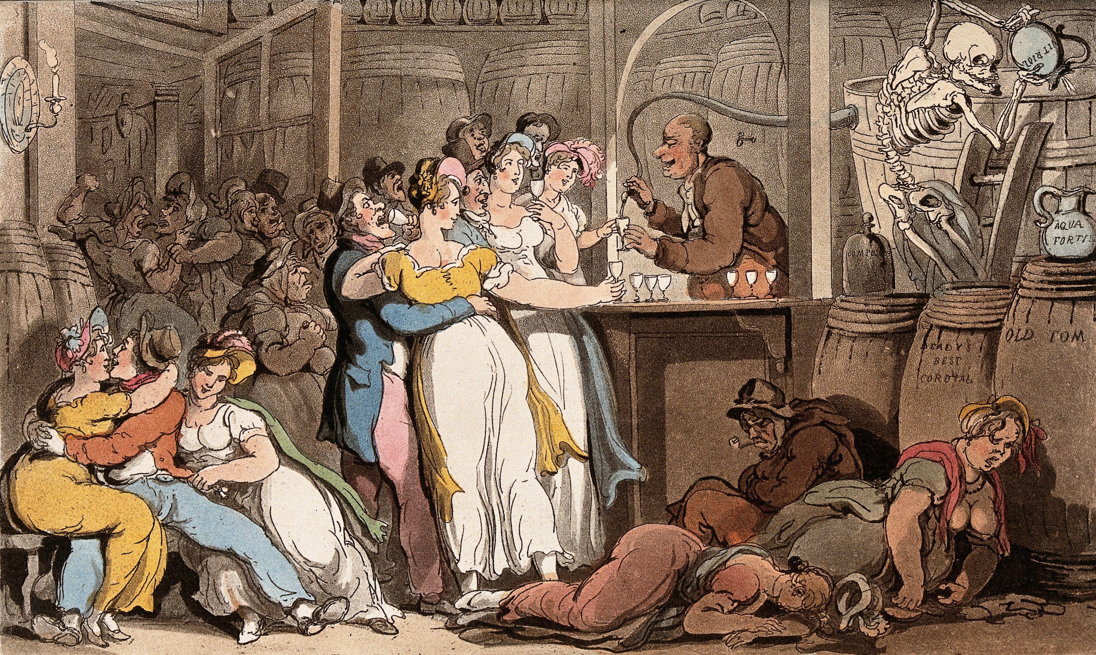A crowded tavern scene with people drinking, gambling, and collapsing from intoxication. A skeleton is chained to barrels behind the bar, and a woman in a white dress is being courted by several men.