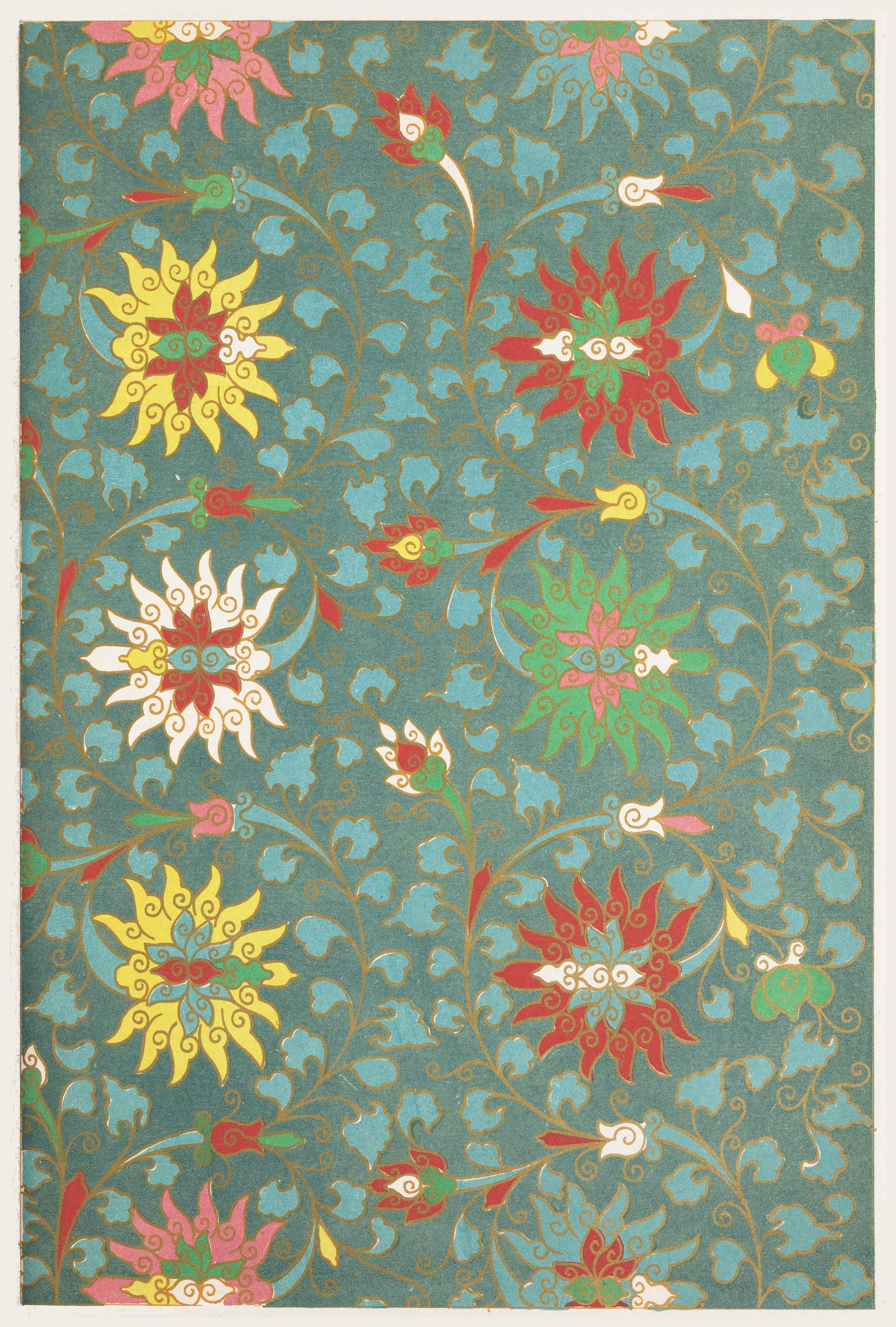 A vibrant and intricate floral pattern in shades of red, pink, yellow, and green, likely from a textile or wallpaper design.