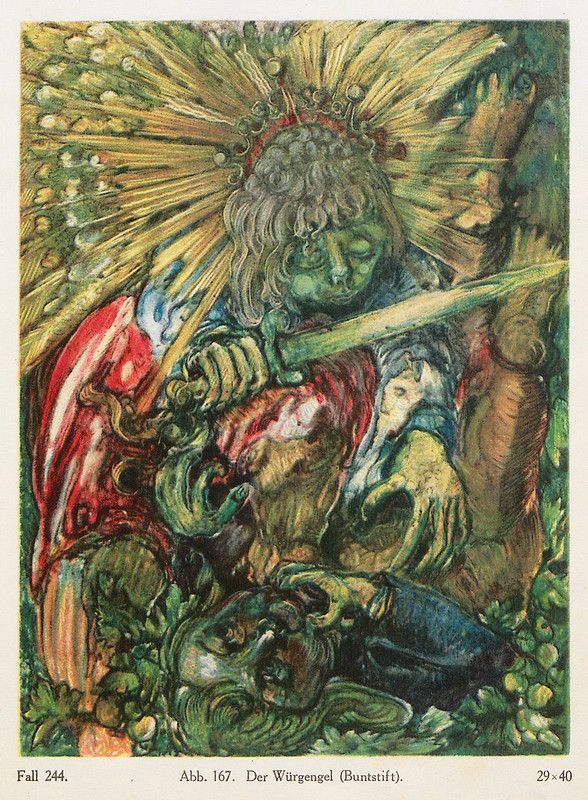 A colorful drawing of an angel holding a sword, surrounded by lush green foliage and floral patterns.