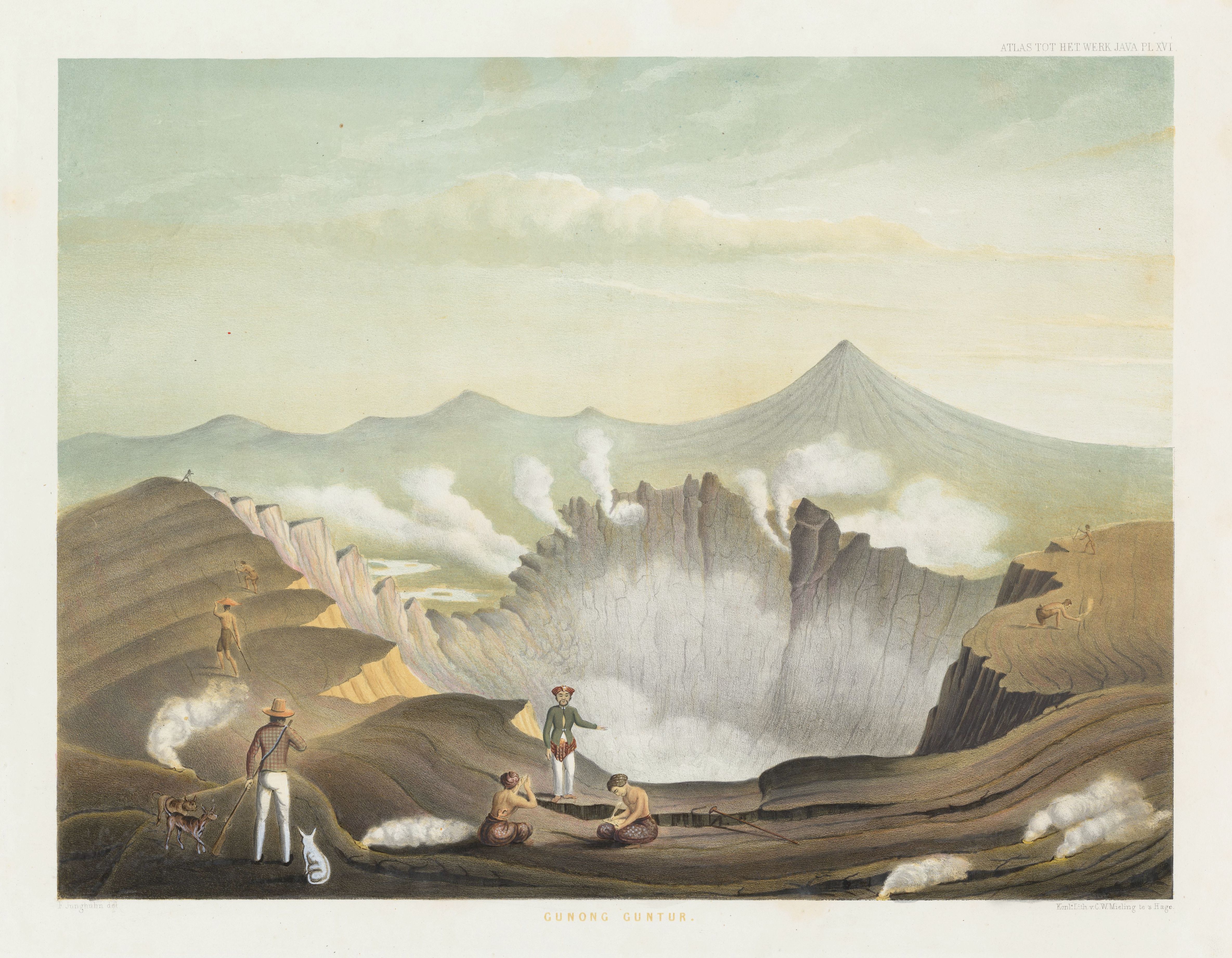 Watercolor painting of a volcanic landscape with people observing a crater.
