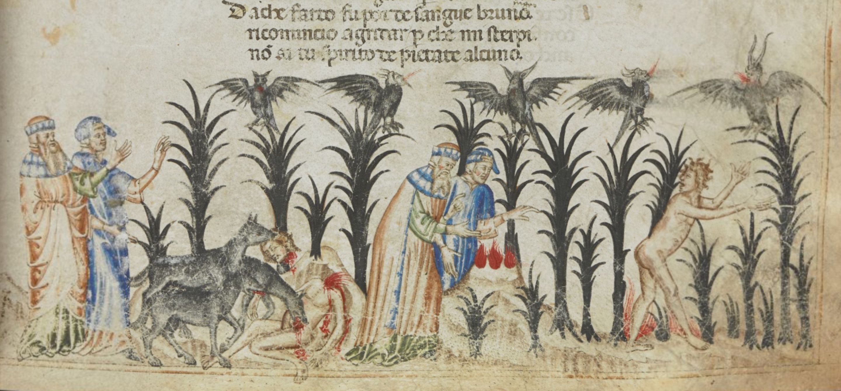 Medieval manuscript illustration depicting a hunt or allegorical scene with people, animals, and a demonic figure in a forest.