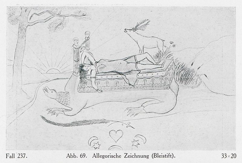 A black and white pencil drawing of a reclining mythical creature with a human figure resting on its back, surrounded by decorative elements and a stylized tree.