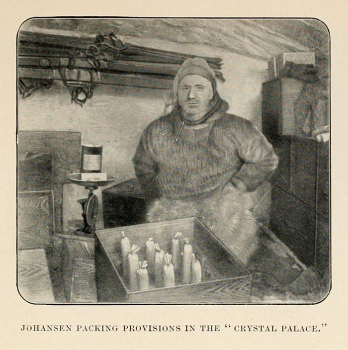 Vintage illustration of Johansen packing candles into a wooden box in the "Crystal Palace".