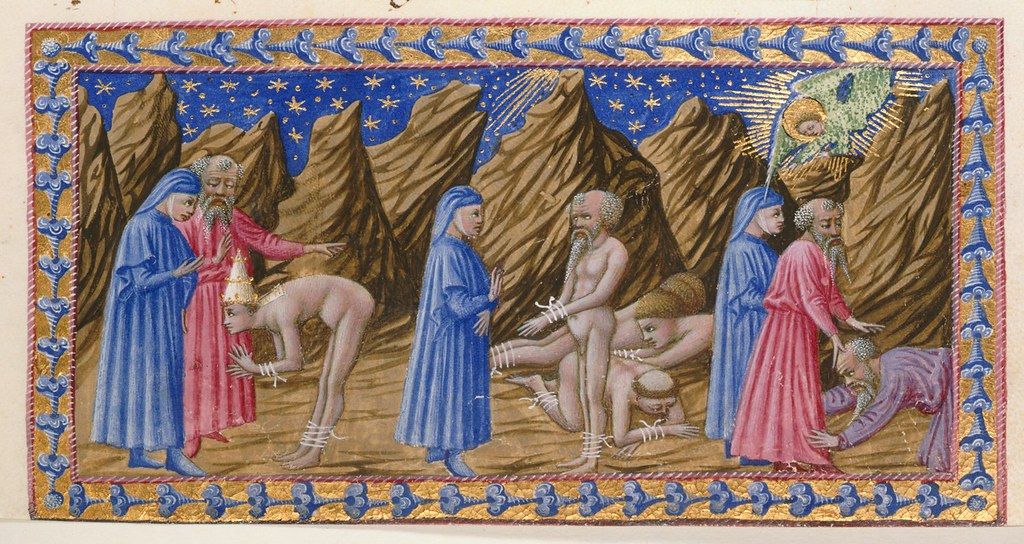 Medieval manuscript illumination depicting a scene of torment in a mountainous landscape.