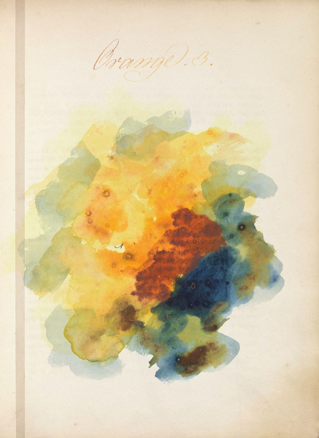 Watercolor painting of an abstract flower with the text "Orange. 3" at the top.
