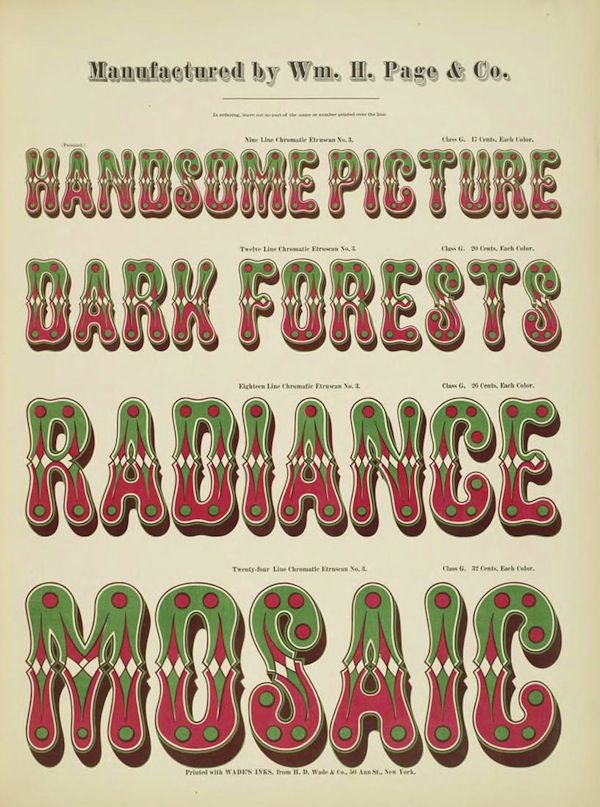 A vintage chromatic lithograph advertising products manufactured by Wm. H. Page & Co. It features four lines of ornate, three-dimensional lettering in a vibrant color scheme of red, green, and yellow.