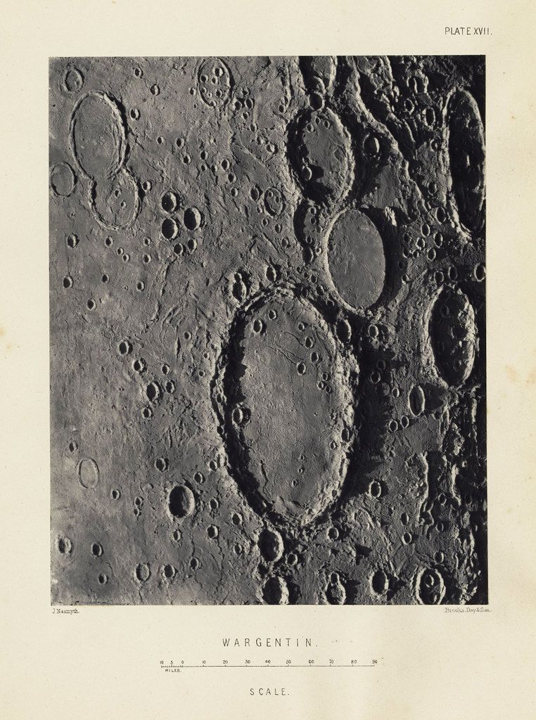 A vintage black and white photograph of the lunar surface, specifically a detailed view of the crater Wargentin.