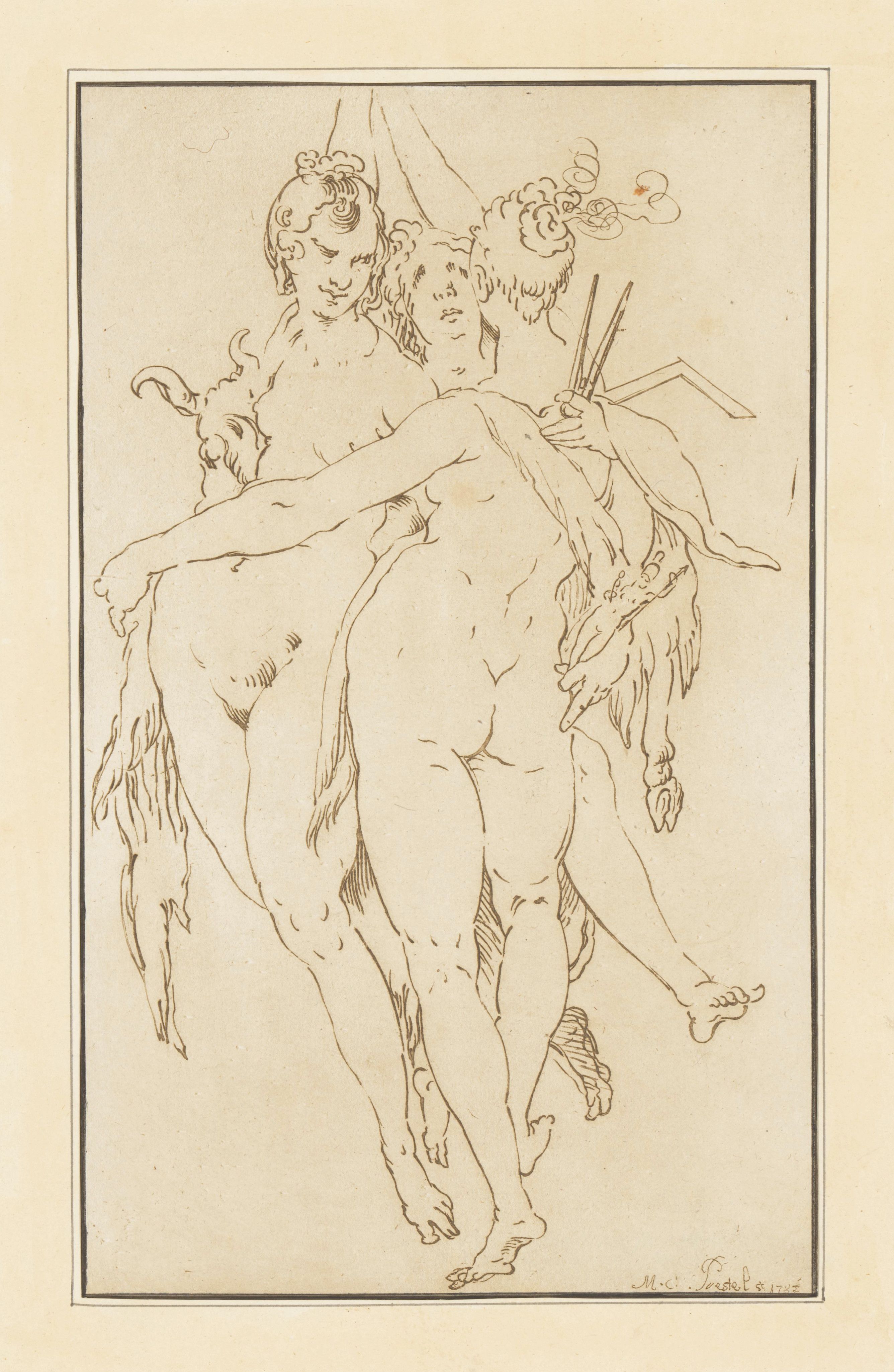 A sepia-toned drawing of an angel supporting a figure crowned with thorns, likely a depiction of Jesus Christ. The drawing is signed 'Max W. Friede 1904'.