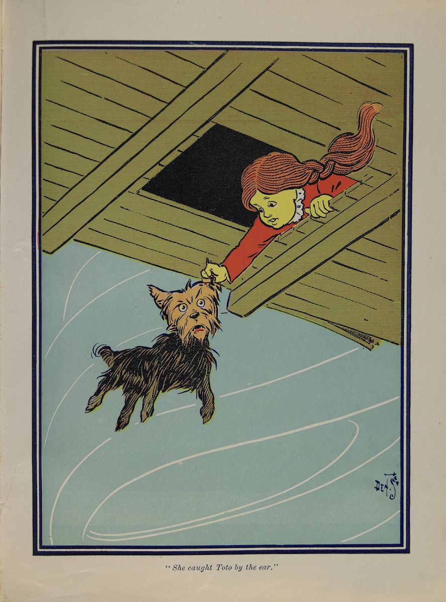 An illustration of a girl catching a dog by its ear from a hole in the ceiling.