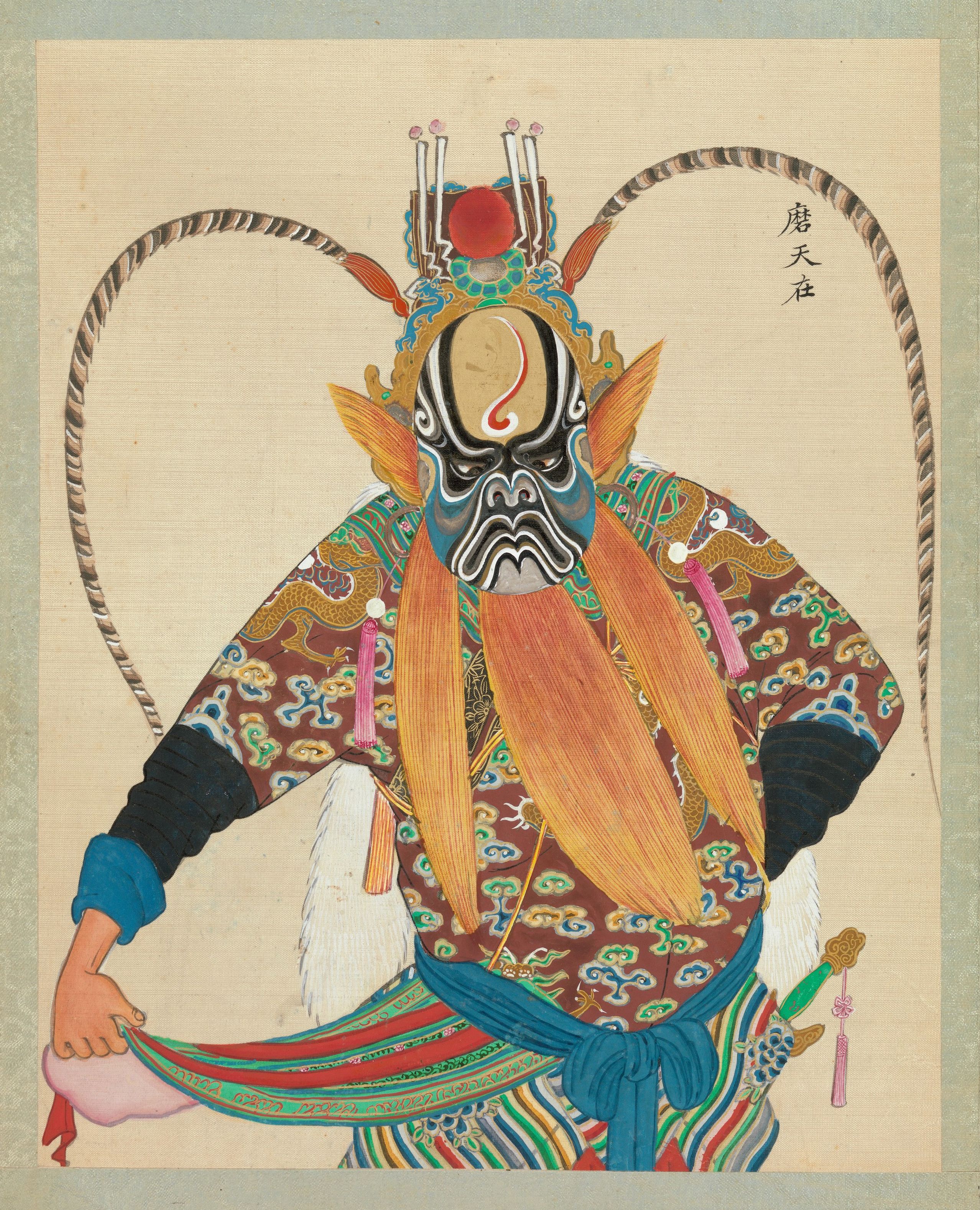 A full-body portrait of a figure in elaborate traditional Chinese opera attire.
