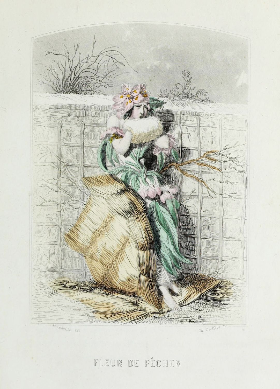 Vintage lithograph of a woman with a flower crown and a bear, titled 'Fleur de Pêcher'.