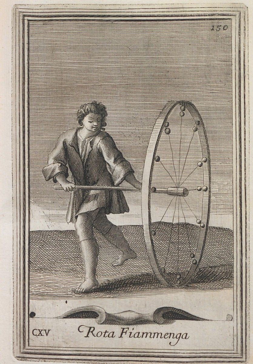 Vintage engraving of a boy operating a large wheel with circular objects around its circumference.