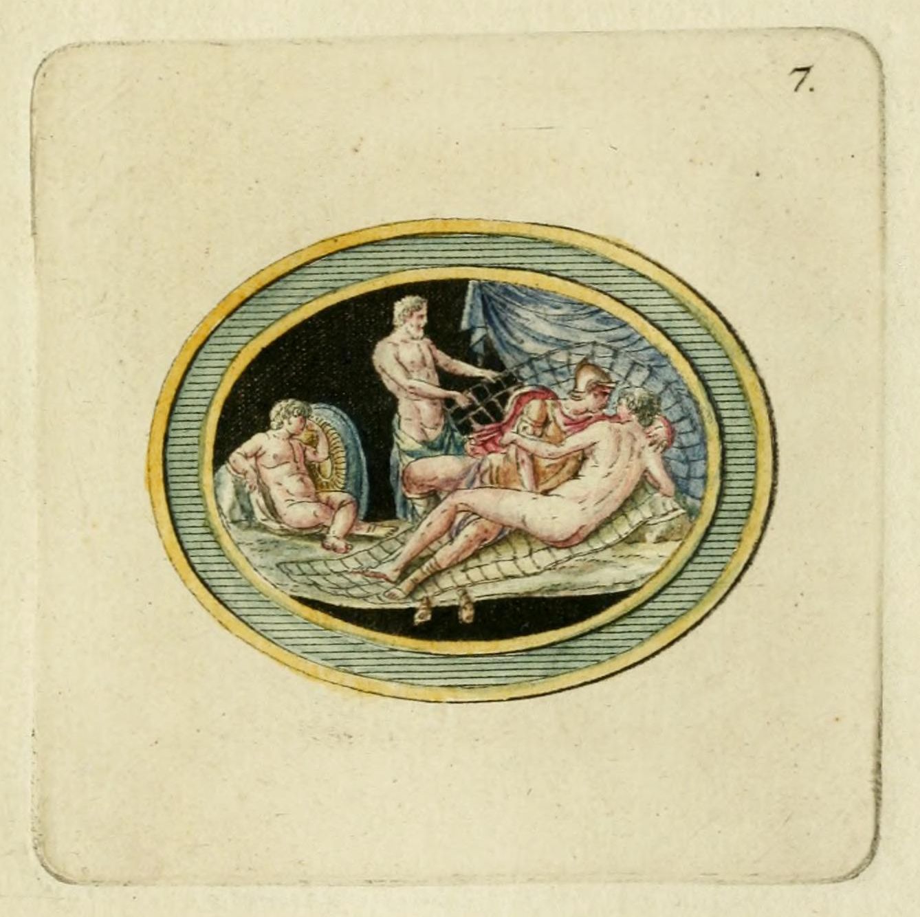 A circular illustration within a rectangular frame depicting a group of nude figures reclining on a bed or couch, with a draped canopy in the background. The number '7' is written in the upper right corner.
