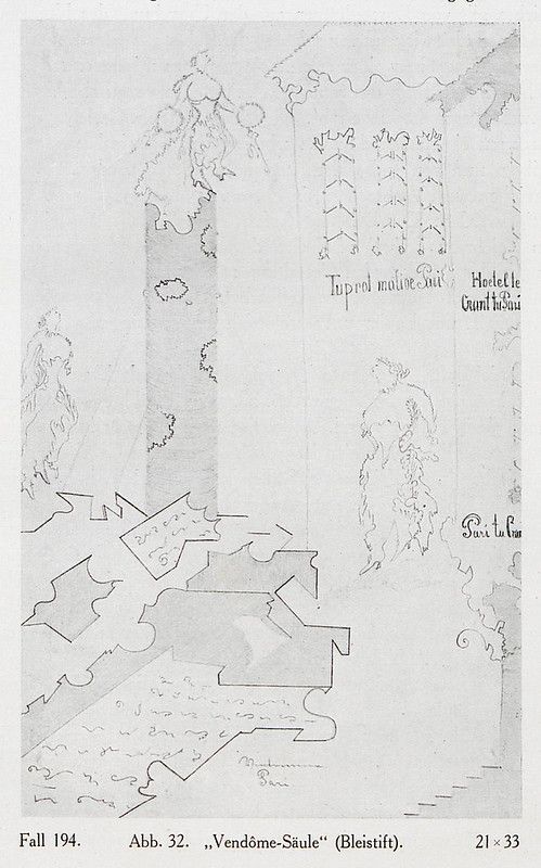 Black and white drawing of a column with intricate ornamentation and text.