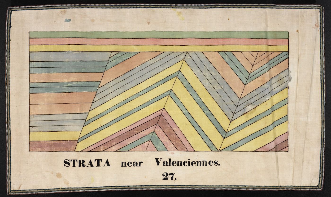 A hand-drawn geological illustration depicting layers of strata near Valenciennes, with colorful bands representing different layers of rock or soil.