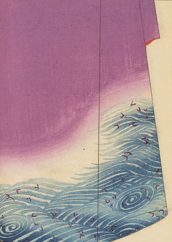A woodblock print in the style of traditional Japanese art, specifically *ukiyo-e*. It depicts a scene of birds flying over a turbulent sea, with a gradient sky above.
