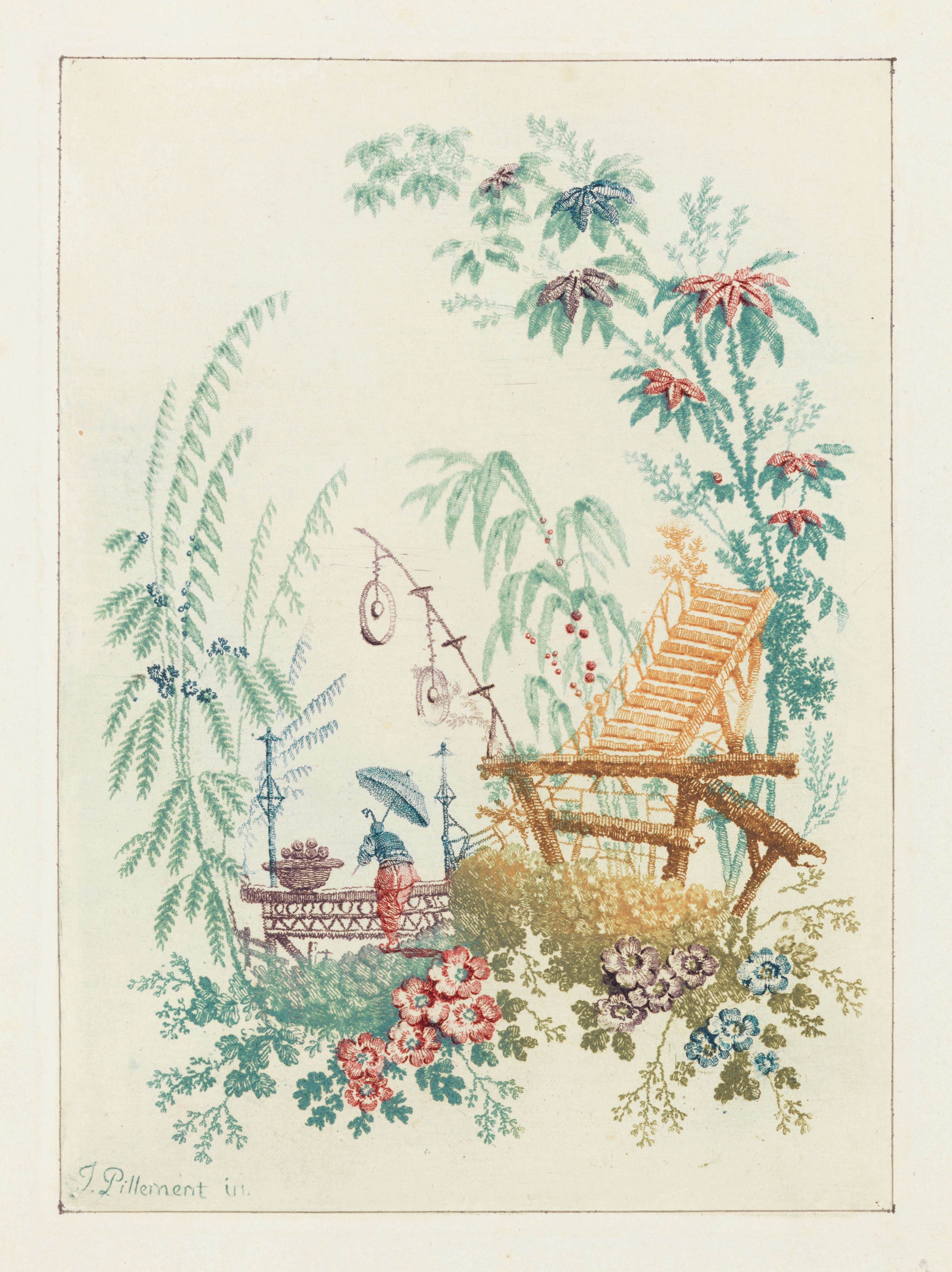 A detailed illustration of a fanciful garden scene with a fountain, stairs, and lush foliage.