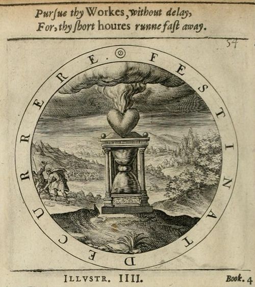 An old engraving of an hourglass with a heart on top, surrounded by a landscape and a circular inscription.