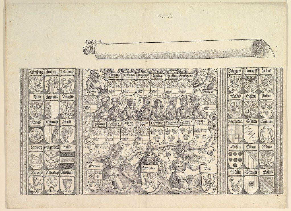 A black and white engraving of a grid of coats of arms and portraits, with a decorative cartouche above.