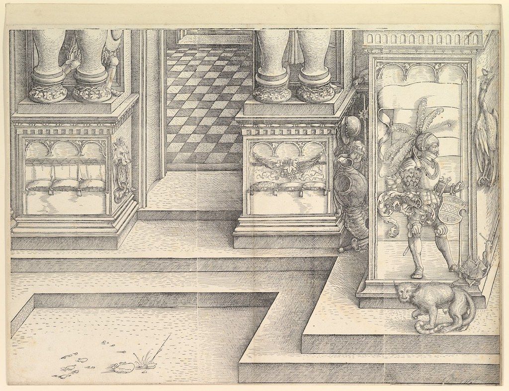 Black and white engraving of an interior scene with a checkered floor, ornate furniture, a suit of armor, and a cat.