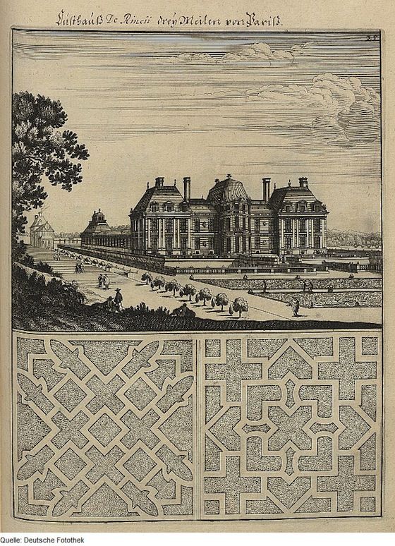 Vintage black and white engraving of a grand palace with a landscaped garden and geometric patterns.