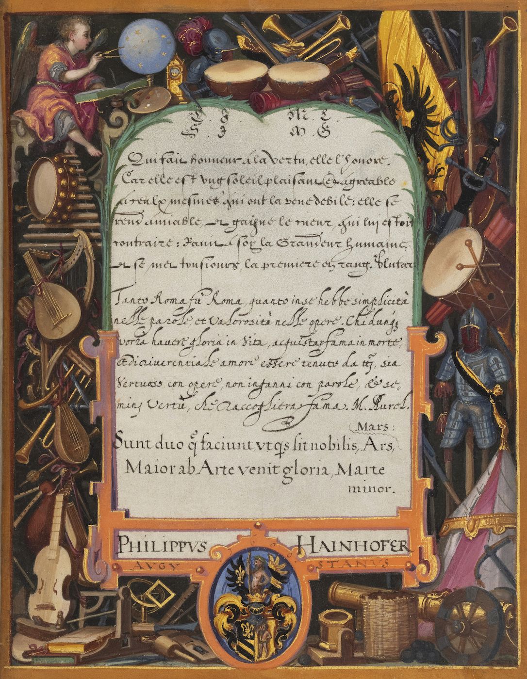 A detailed, colorful illuminated manuscript page with a lute player on the left and a knight in armor on the right.