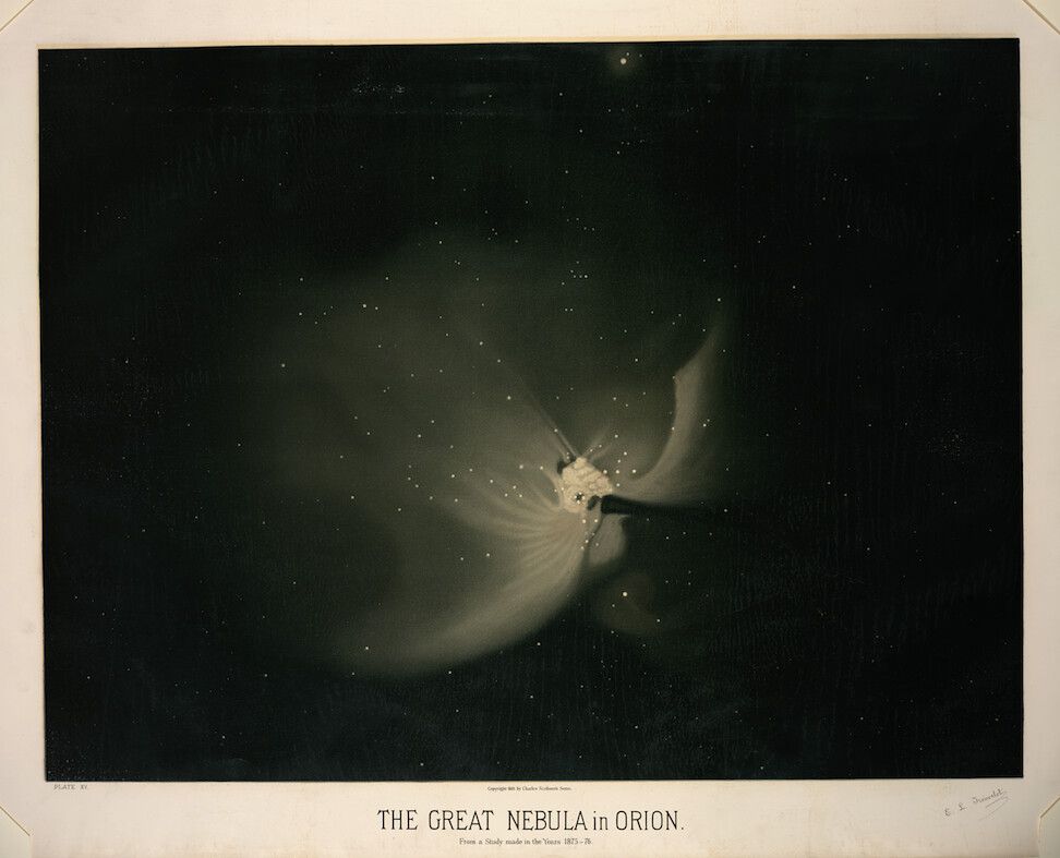 Vintage lithograph of the Great Nebula in Orion, a swirling cloud-like formation with stars scattered throughout.