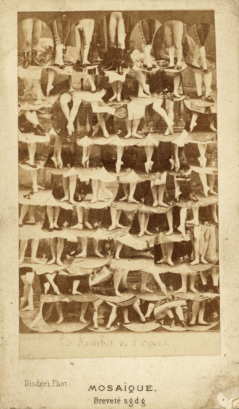 A vintage sepia-toned photograph featuring a grid of repeating images of a woman's legs and feet.