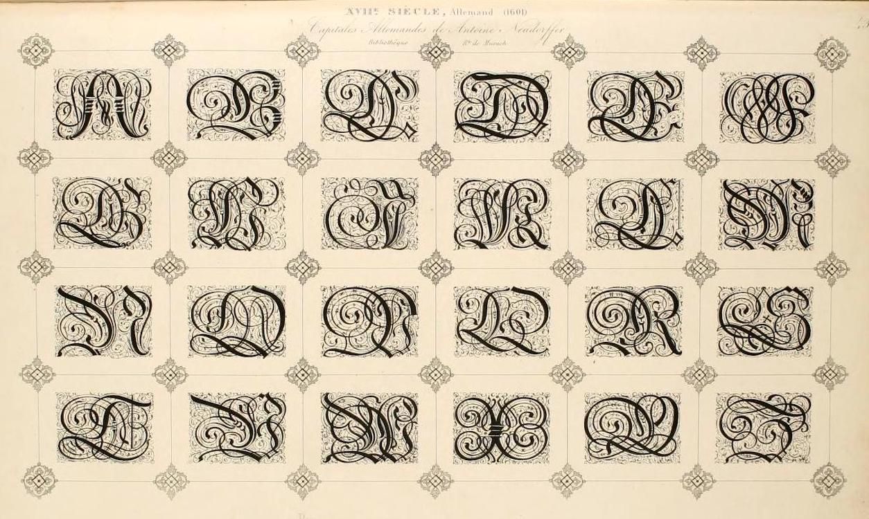 A page from a vintage book or pattern collection, filled with ornate, decorative letters in a grid-like pattern.