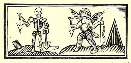 A black and white woodcut illustration depicting a skeleton with a shovel on the left and an angel with an arrow on the right.