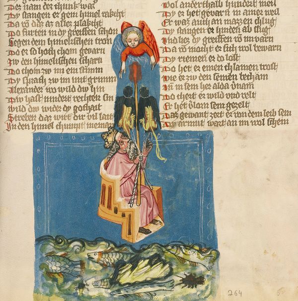 Medieval illustration of a figure on a column with a sea monster below.