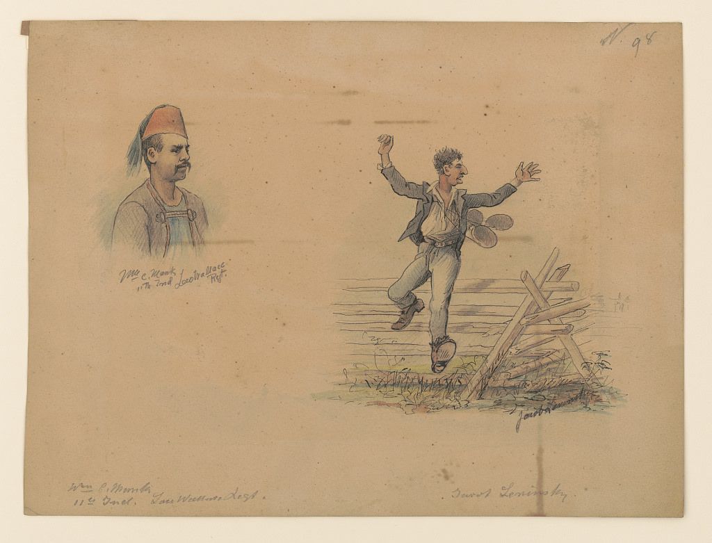 Sepia-toned sketch on tan paper with two drawings: a portrait of a man in a fez and a man stumbling over a fence.
