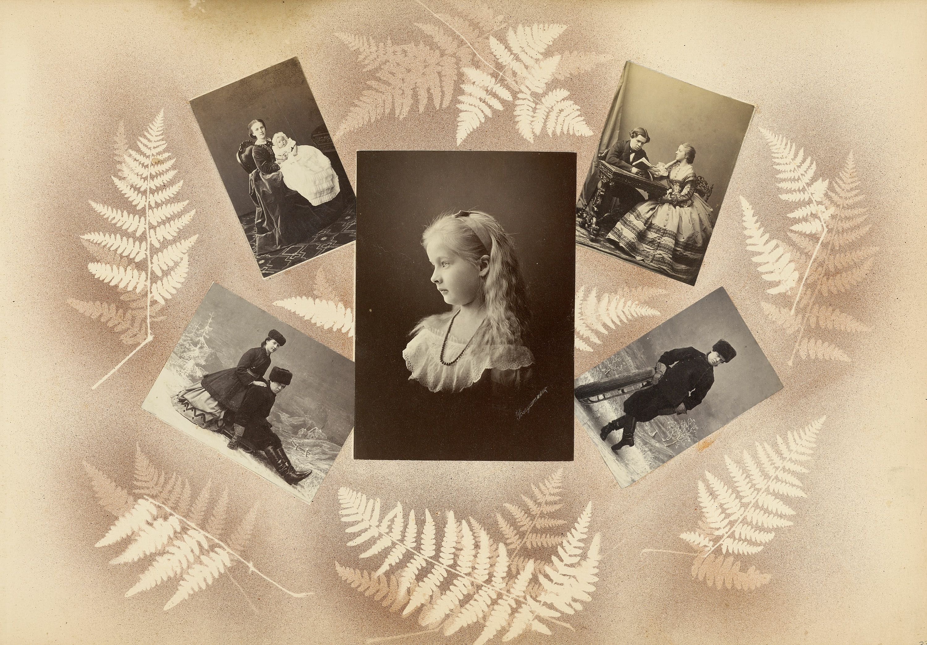 A vintage photograph featuring a central portrait of a young girl surrounded by four smaller photographs, all set against a sepia-toned background with a decorative fern pattern.