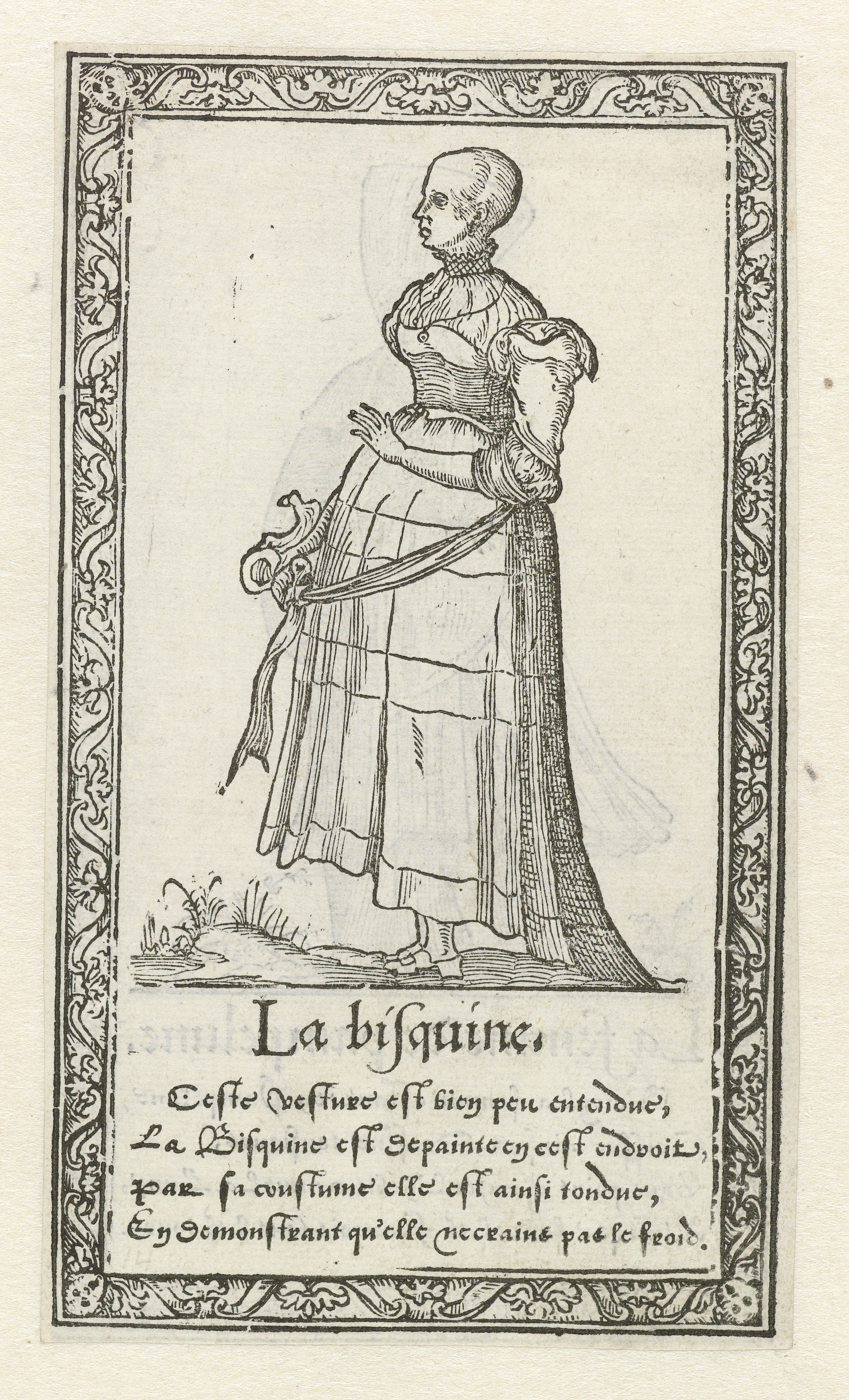 A black and white engraving of a woman in historical attire, framed by an ornate border and accompanied by text in French.
