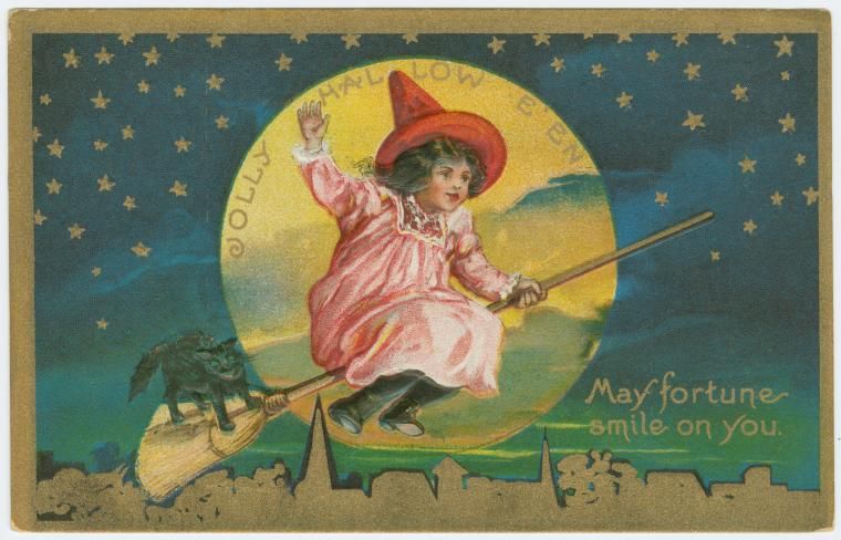 Vintage Halloween postcard featuring a child dressed as a witch riding a broomstick across a starry night sky with a black cat.