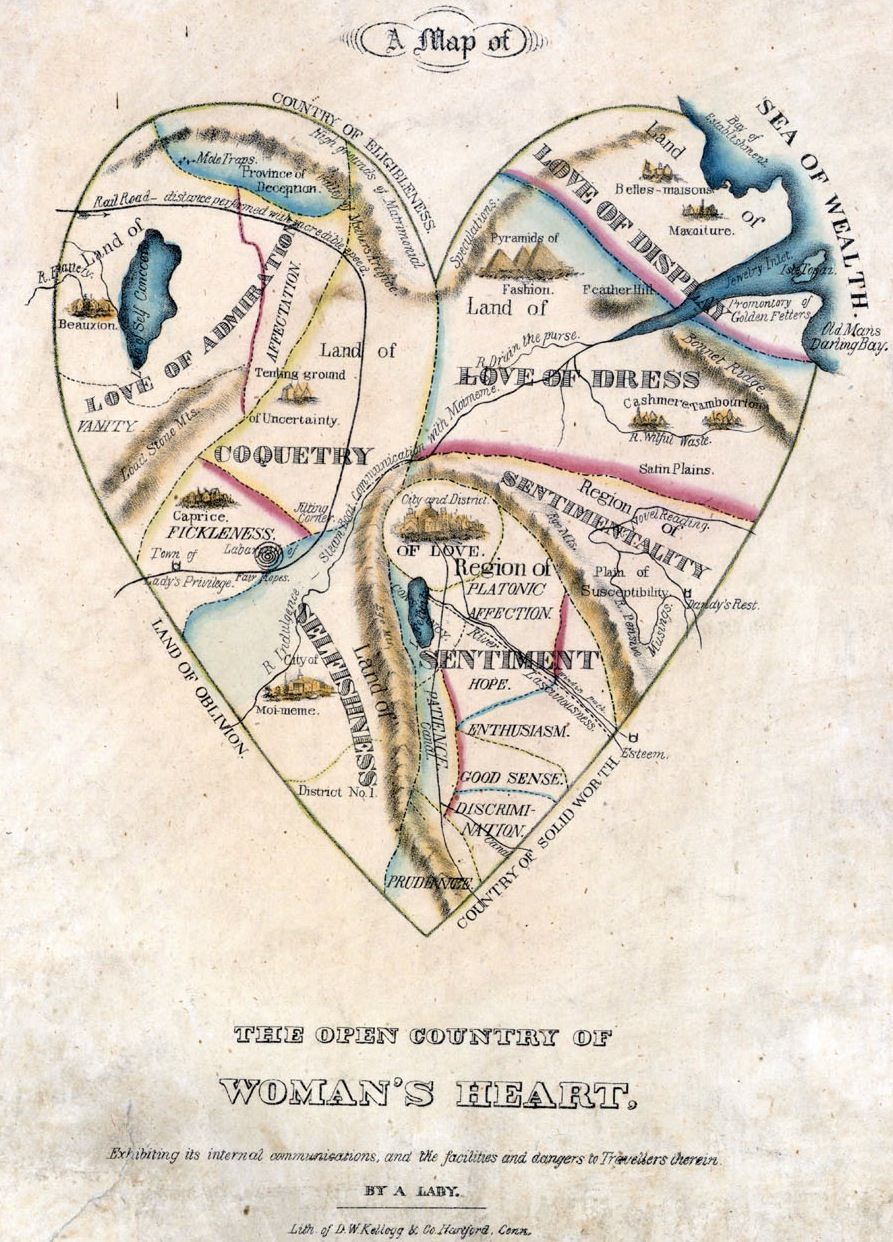 A vintage illustration titled "The Open Country of Woman's Heart," depicting a whimsical map of a woman's emotional landscape.