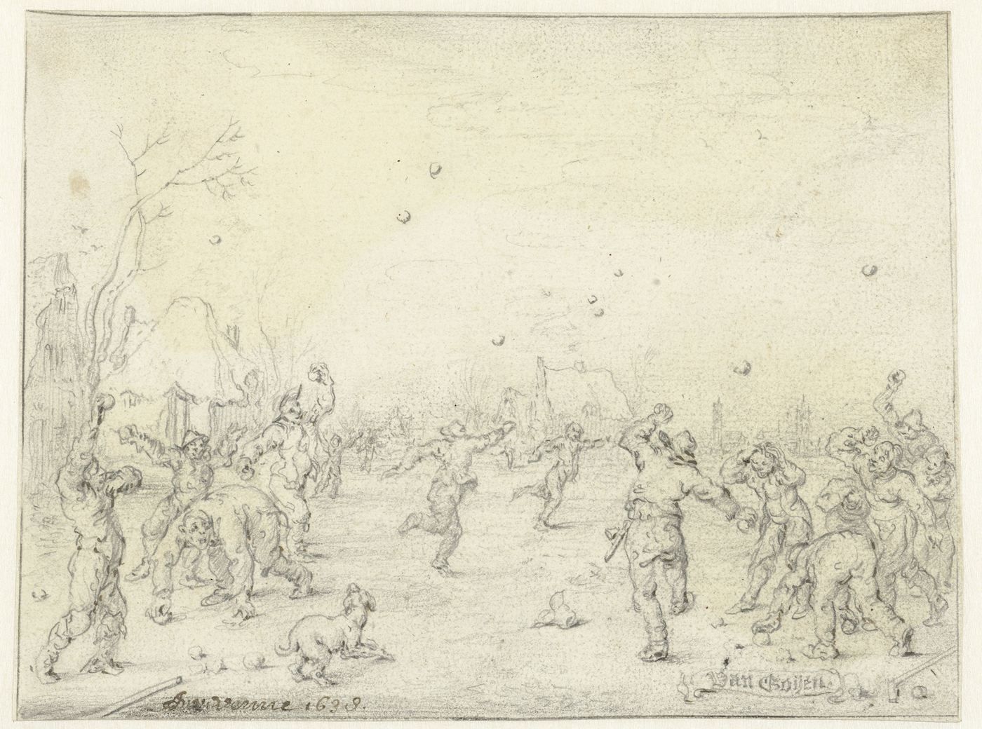 A black and white sketch of a snowball fight with a group of people throwing snowballs at each other in a winter landscape. A bare tree is visible on the left side. The signature 'Van Coell 1659' is at the bottom.