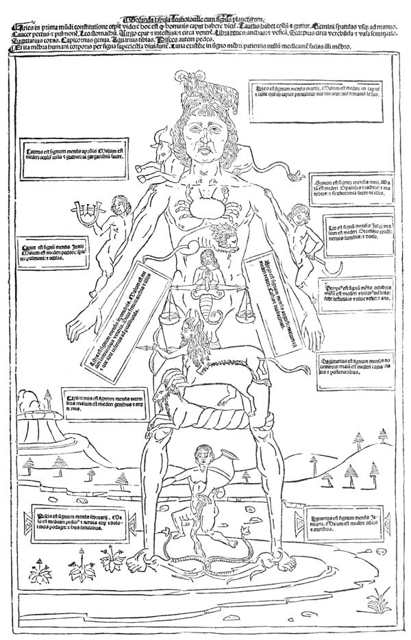Vintage woodcut illustration of human anatomy with detailed organs and skeletal structure, surrounded by Latin text.