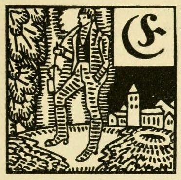 A black and white woodcut-style illustration of a tall figure striding across a landscape with trees and a village, with a crescent moon symbol in the upper right corner.