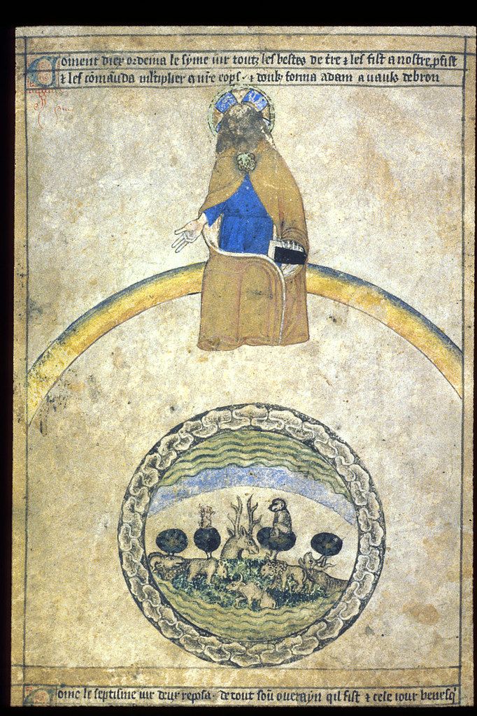 Medieval manuscript illumination depicting a man above a circular landscape with figures in water.