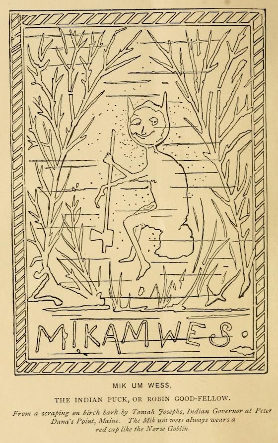 A vintage black and white illustration of a figure with a pointed cap, labeled 'MIKAMWES', described as an Indian Puck or Robin Good-Fellow, based on a scraping on birch bark by Tomah Josephs.