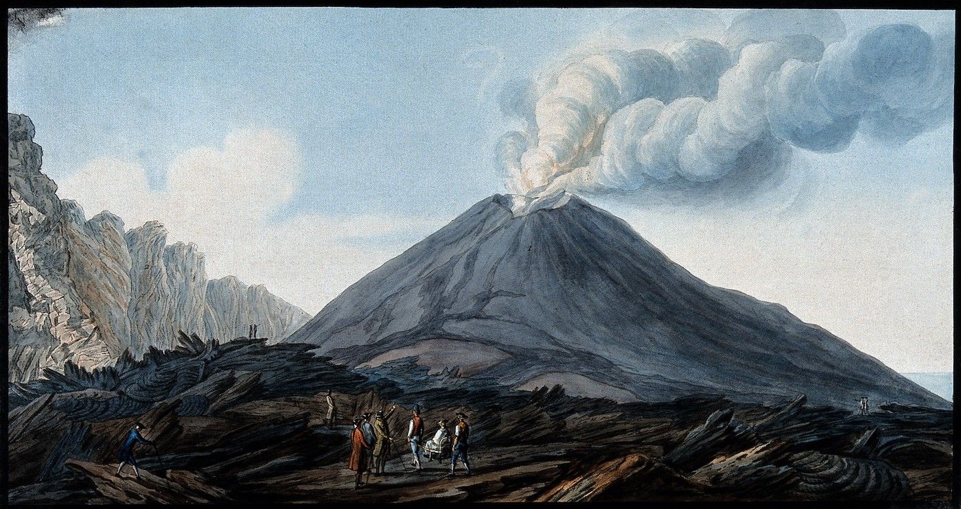 Watercolor painting of a volcano with people in the foreground.
