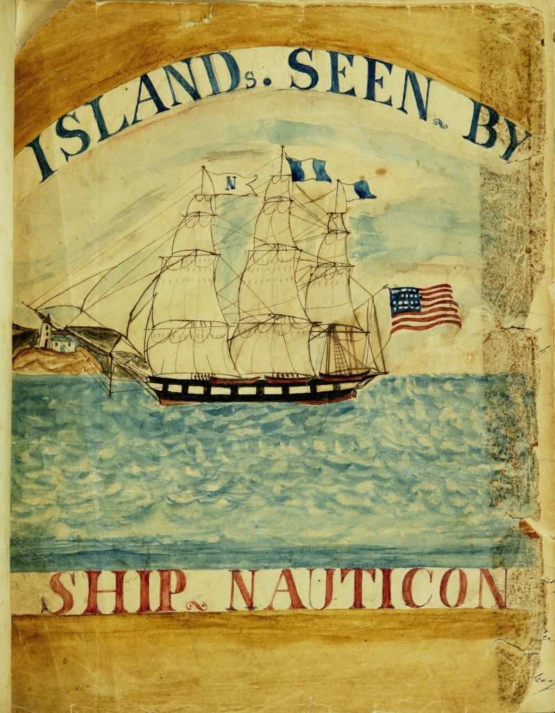 Vintage illustration of a sailing ship with an American flag on a wavy sea, with islands and text above and below.