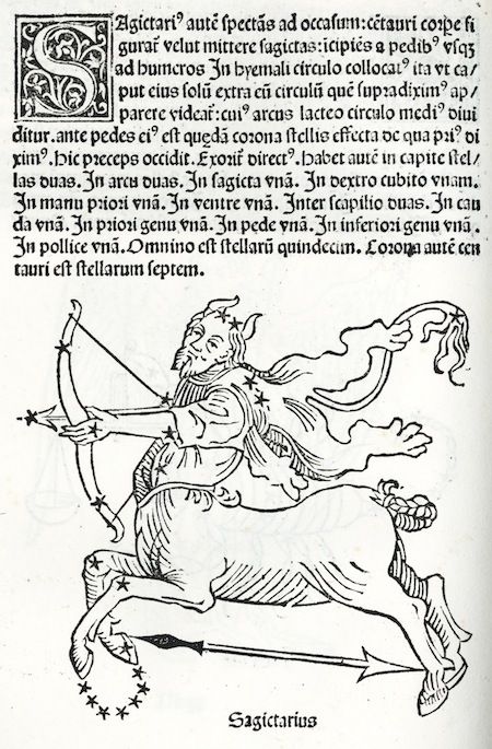 A black and white woodcut illustration of Sagittarius, a centaur archer, surrounded by stars and text.