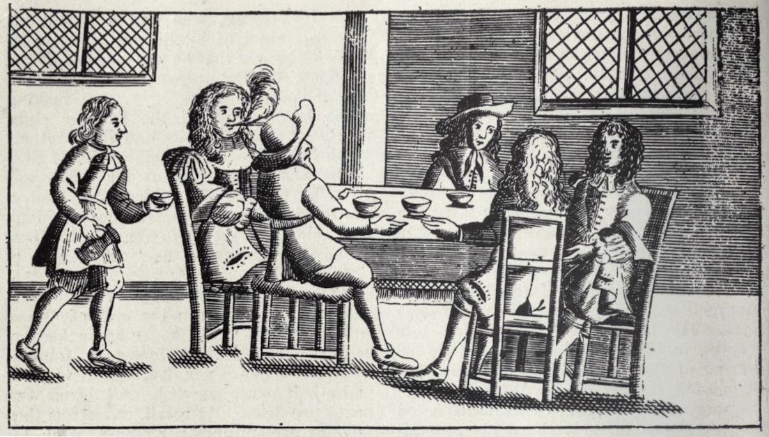 A black and white engraving of five people gathered around a table in a room. A young boy is carrying a cup towards the table, while the others are seated and appear to be engaged in conversation.