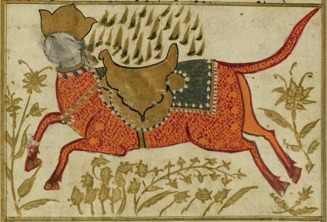 A medieval illustration of a reddish-brown horse with a decorative saddle and bridle, surrounded by stylized floral decorations.