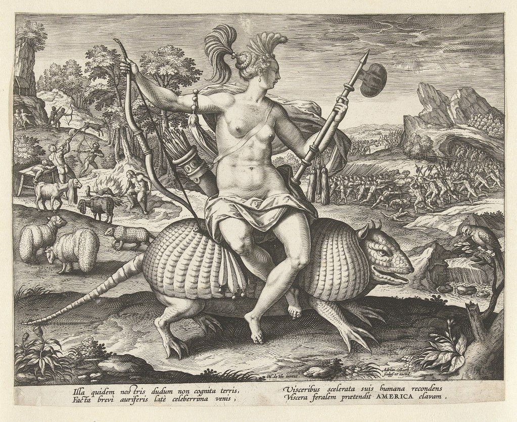 A black and white engraving depicting a nude female figure riding a fantastical armadillo-like creature in a wild landscape. There are figures with llamas in the background and Latin text at the bottom.