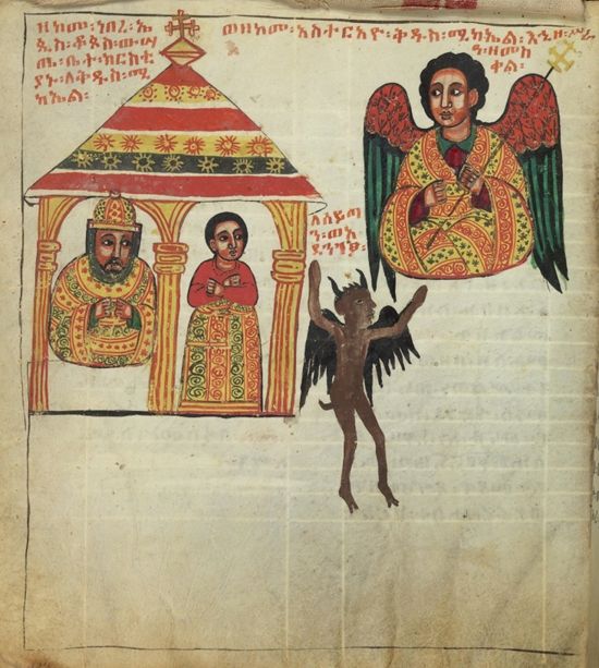 An illuminated manuscript illustration depicting a king and queen within a decorated structure, an angel, and a demon.